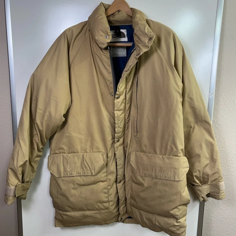 Vintage 70s 80s The North Face Down Parka Jacket XL Made in USA Tan Blue